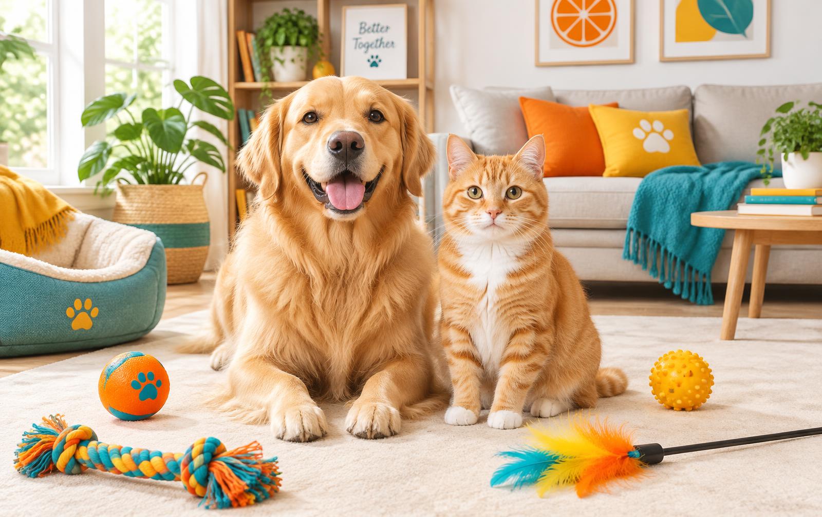 A golden retriever and orange cat with colorful pet toys